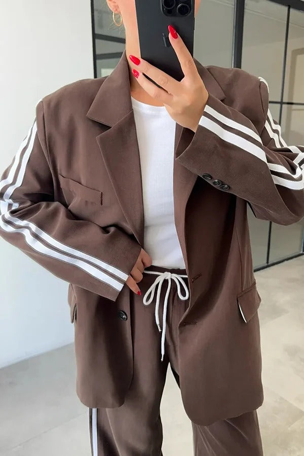 Levvie Striped Trim Long Sleeve Lapel Blazer and Rope Belt Pocketed Wide Leg Pants Set