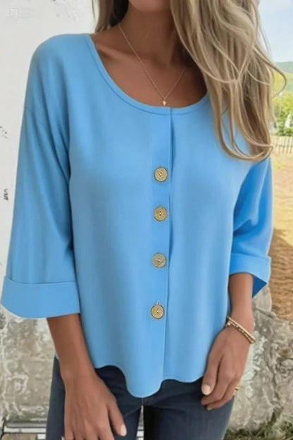 Solid Color Casual Round Neck Button Loose Top