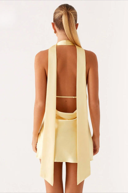 Satin Plunging V-Neck Halter Scarf Strap Backless Mini Dress