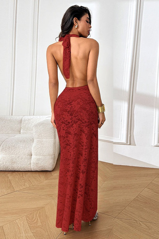 Sheer Halter Backless Lace Dress