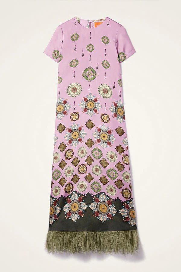 Lucia Satin Baroque Court Style Printed Short Sleeve Pocket Feather Trim Maxi Dress