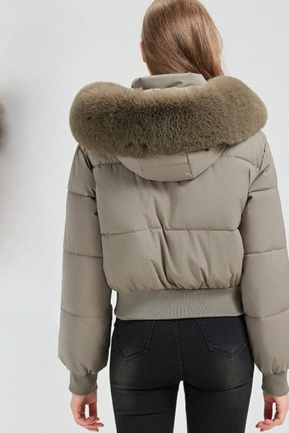 Quilted Cropped Faux Fur Collar Coat
