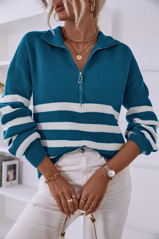 V Neck Collar Ribbed Knitted Stripe Pullover Sweater