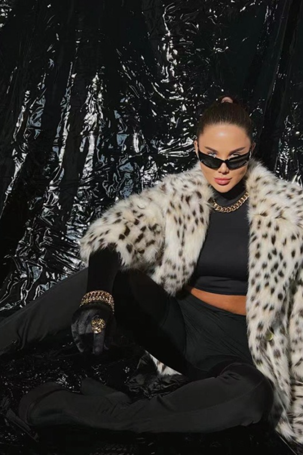 Leopard Faux Fox Fur Notched Lapel Belted Long Overcoat