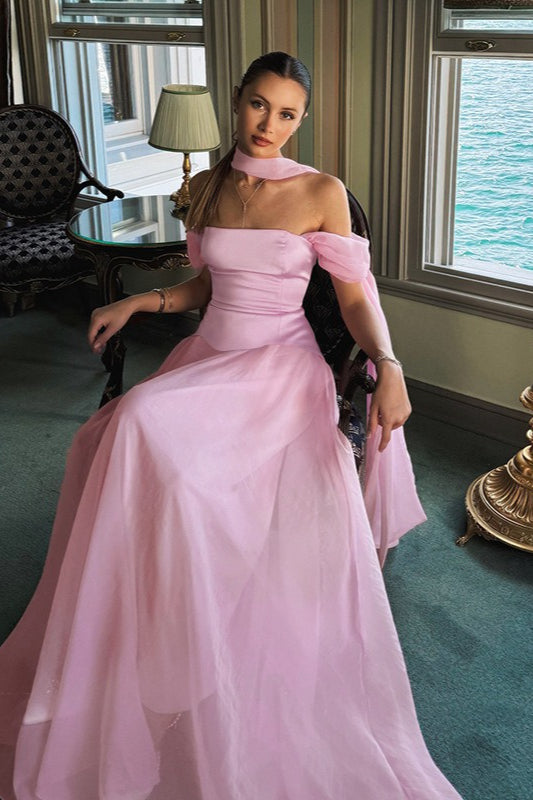 Satin Mesh Off Shoulder Prom Dress