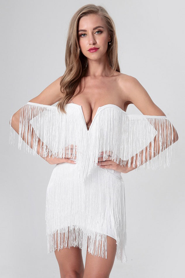 Strapless V Neck Backless Tassel Bandage Cocktail Dress