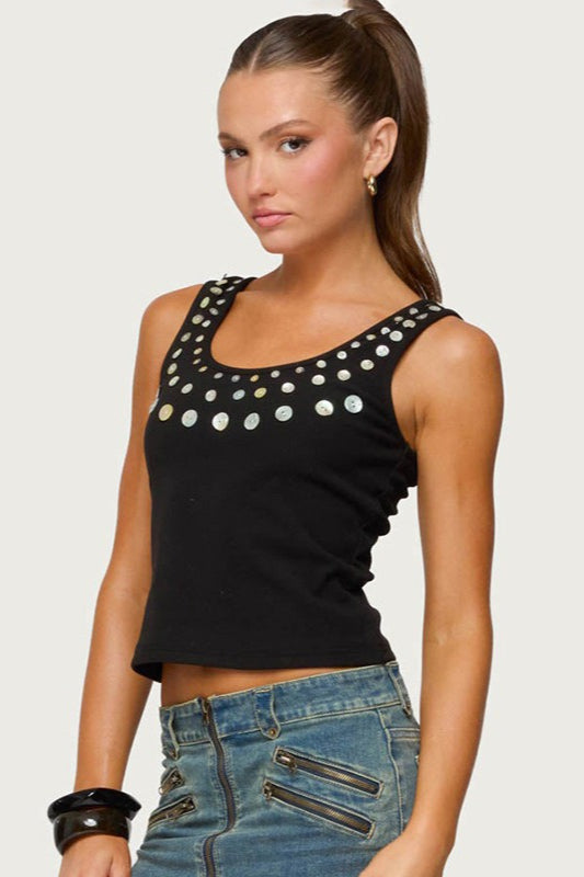 Sequin Button Ribbed Sleeveless Crop Top