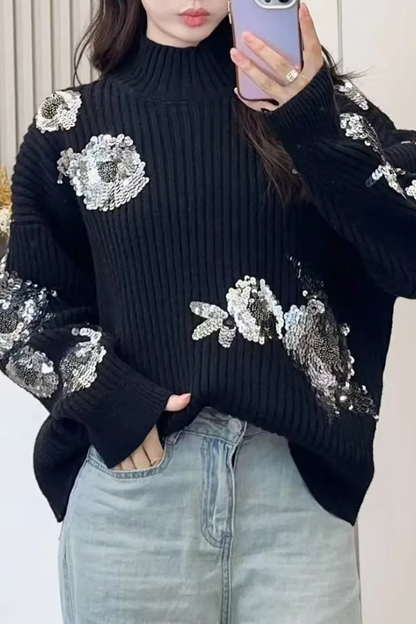 Turtleneck Loose-fitting Sequined Floral Pattern Long Sleeve Knitted Sweater