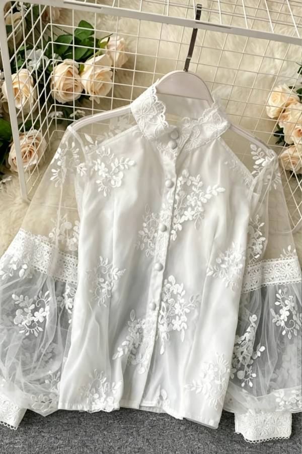 French Retro Mesh Embroidered Lace Stand Collar Puff Sleeve Blouse