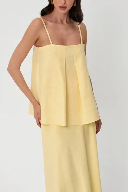 Linen Blend Loose Square Neck Camisole Top and Elegant Resort Maxi Skirt Set