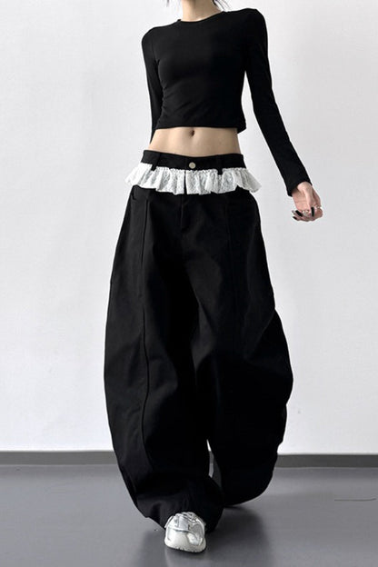 High Waist Lace Paneled Straight Wide Leg Floor Length Jeans