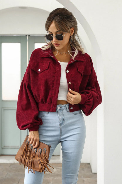 Corduroy Cropped Lantern Sleeve Jacket