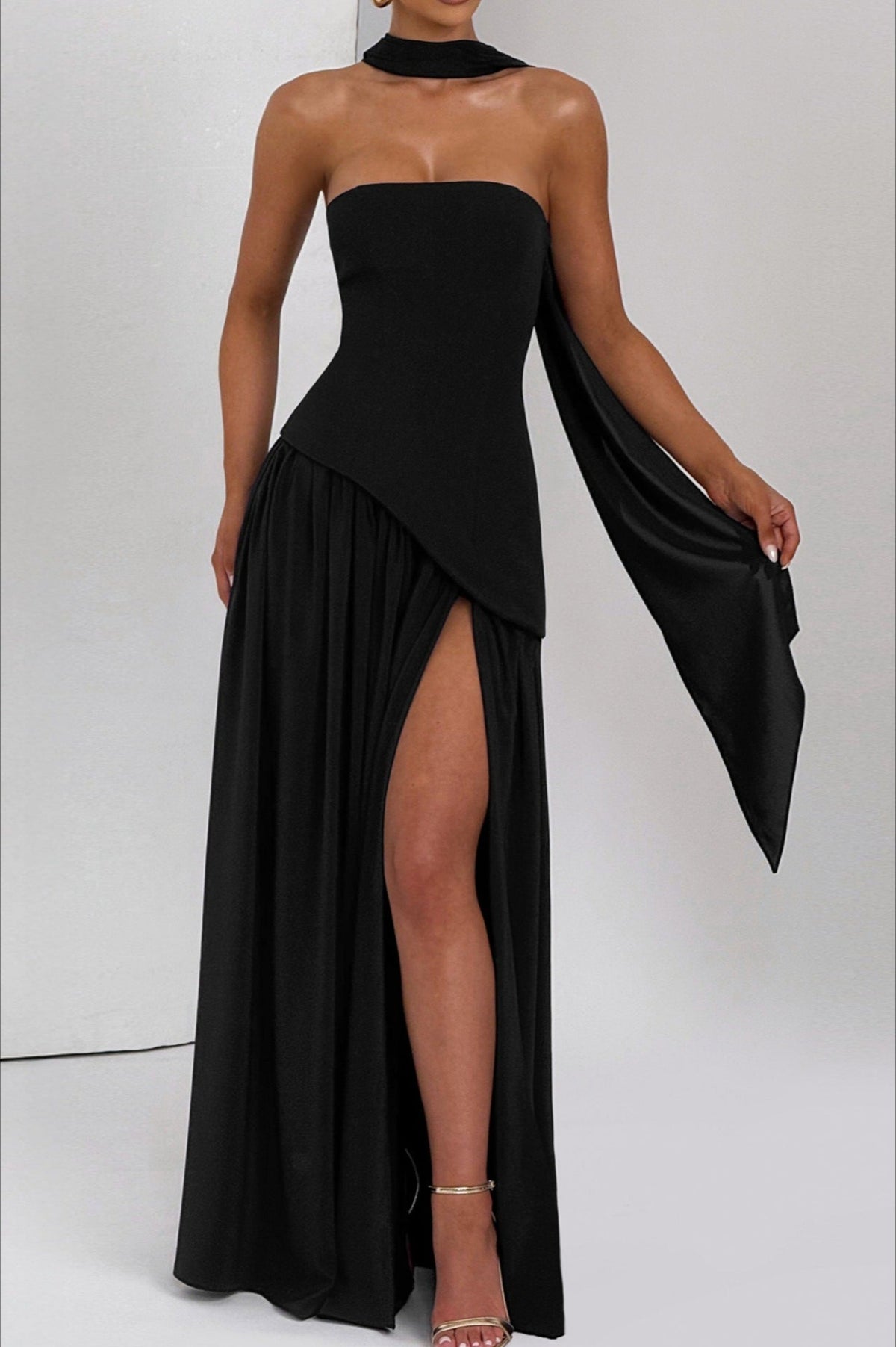 Color Block Strapless Off Shoulder Slim Formal Dress