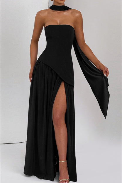 Color Block Strapless Off Shoulder Slim Formal Dress