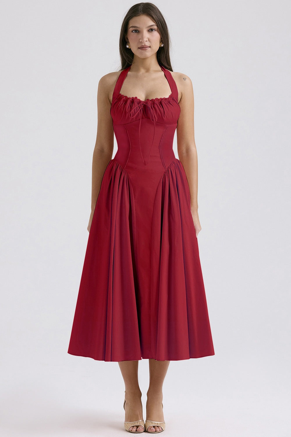 Floral Halter Lace Trim Long Sleeveless Prom Dress