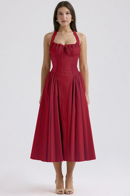 Floral Halter Lace Trim Long Sleeveless Prom Dress