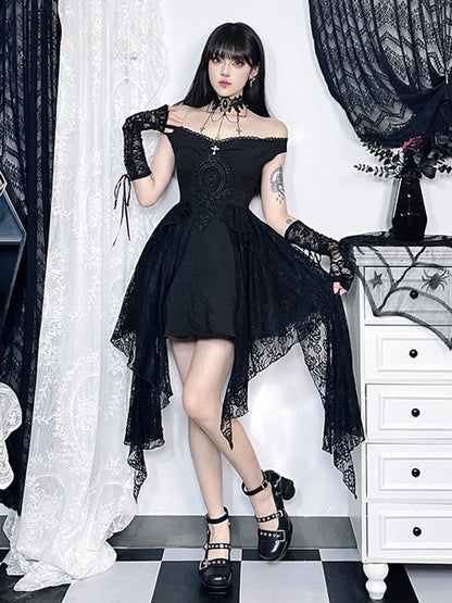 Off Shoulder Embroidered Bodice Lace Panel Handkerchief Hem Mini Dress