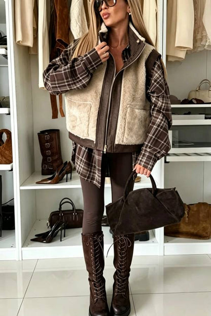 Stylish and multifunctional faux Leather plush patchwork zipper pocket Reversible Vest