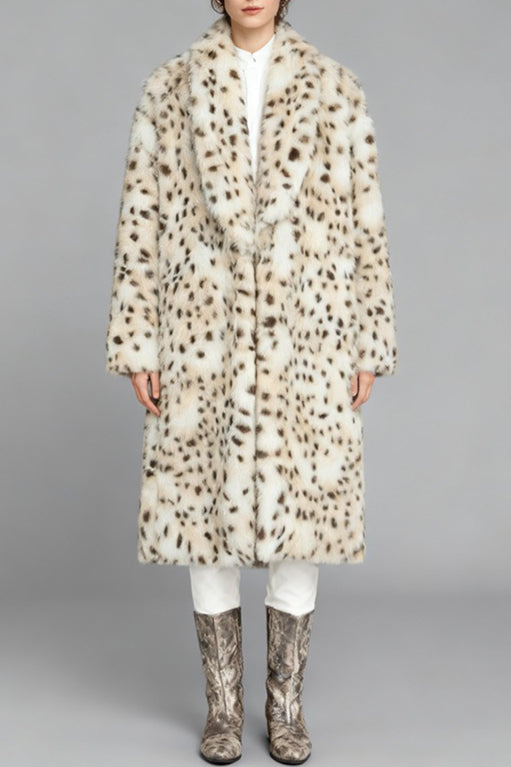 Leopard Print Faux Fur Notch Collar Overcoat