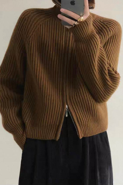 Ribbed High Neck Zip Sweater