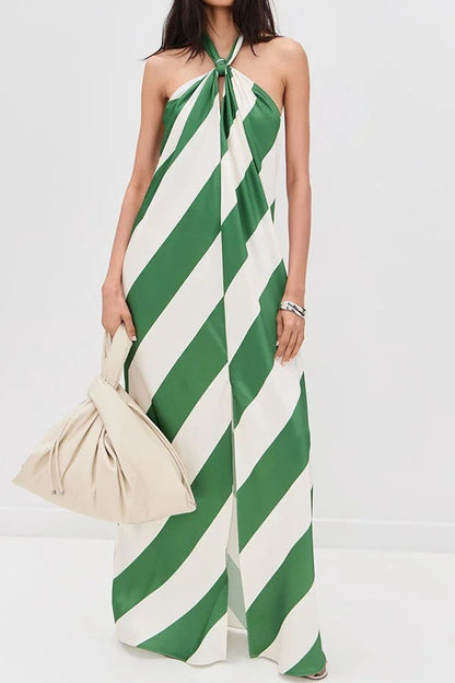 Most Dreamy Stripe Print Halter Tie-up Backless Pocket Loose Maxi Dress