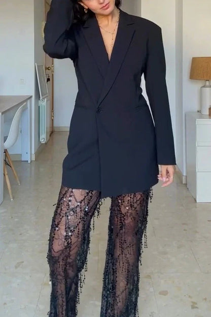 Yulissa Single Button Long Sleeve Fitted Waist Open Back Pocketed Lapel Blazer