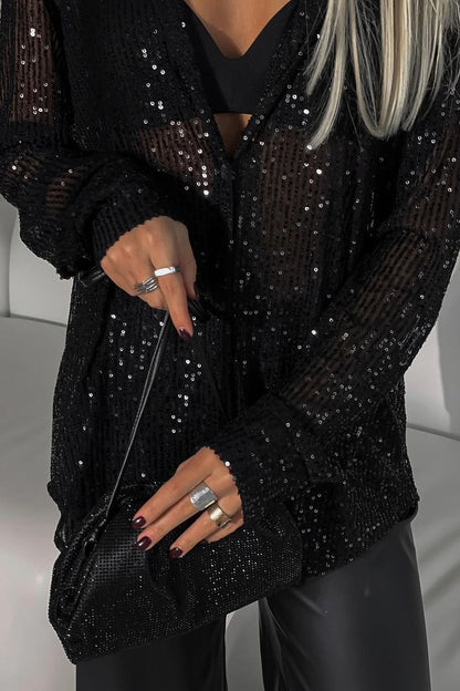 Sexy Sequin Lapel Long Sleeve Shirt