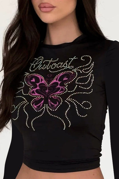 Rhinestone Butterfly Long Sleeve Tee