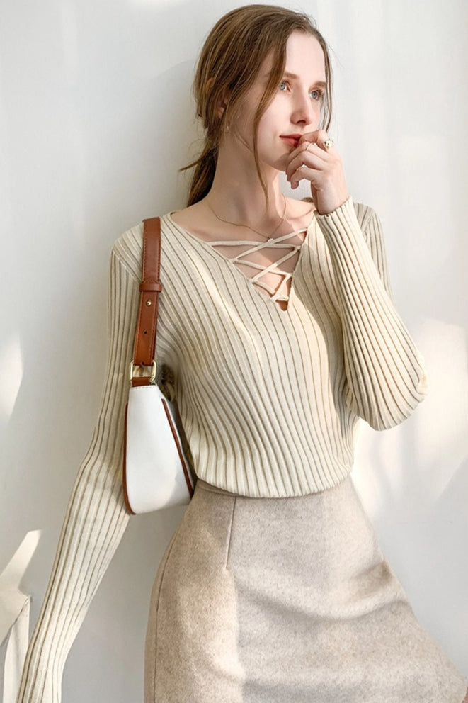 Slim Fit Lace Up V Neck Sweater