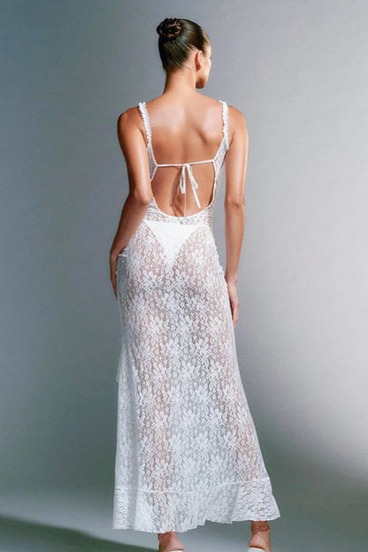Floral Lace Scoop Neck Spaghetti Strap Ruffle High Split Maxi Dress