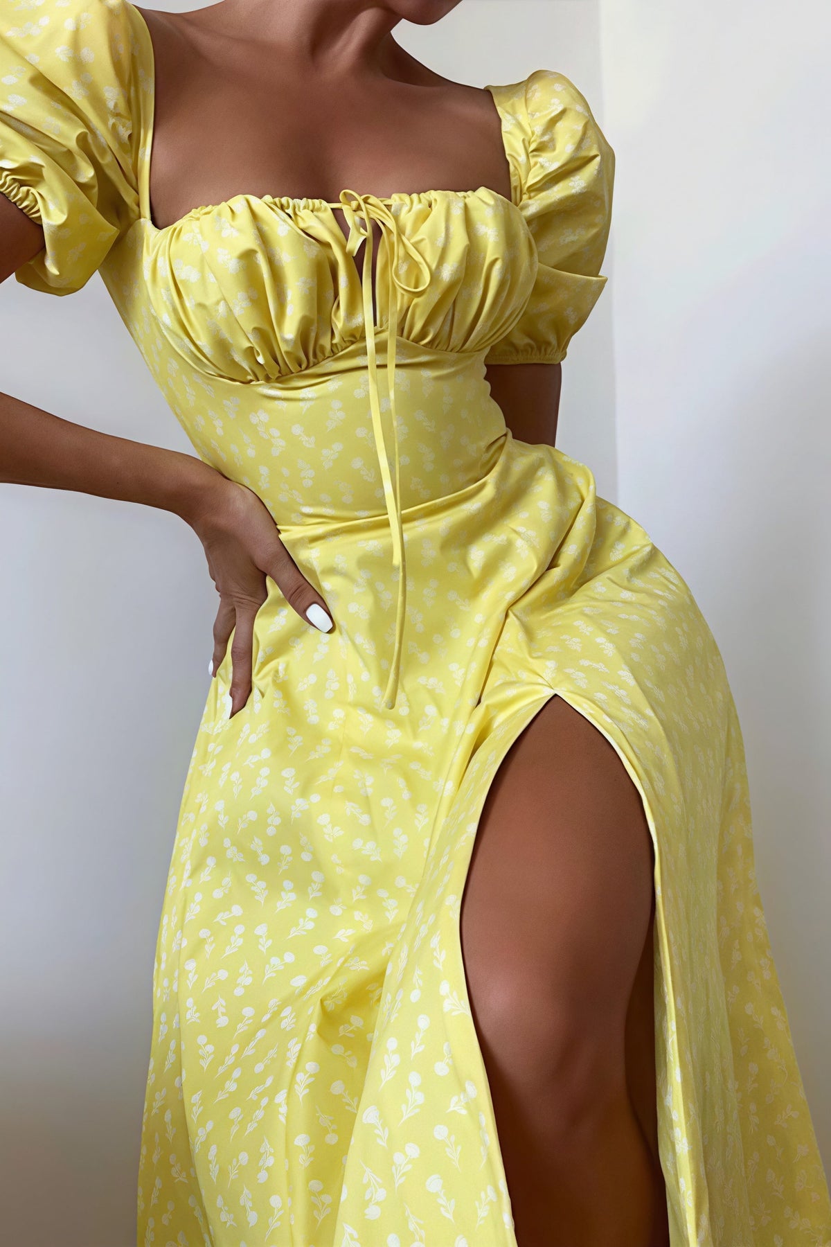Square Neck Short Sleeve Slit Slim Floral Dress