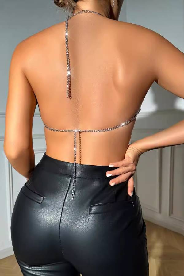 Rhinestone Mesh Halter Backless Crop Top