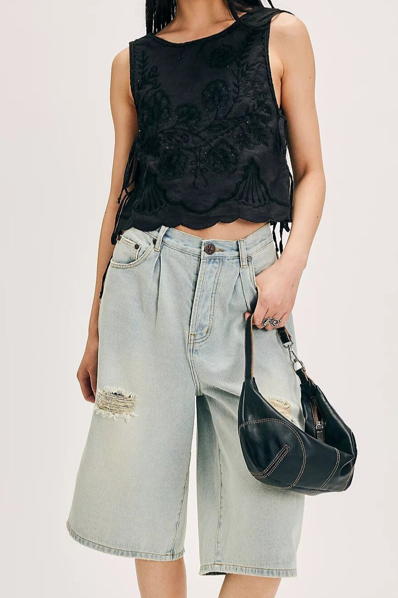 Solid Crew Neck Embroidered Crop Tank Top