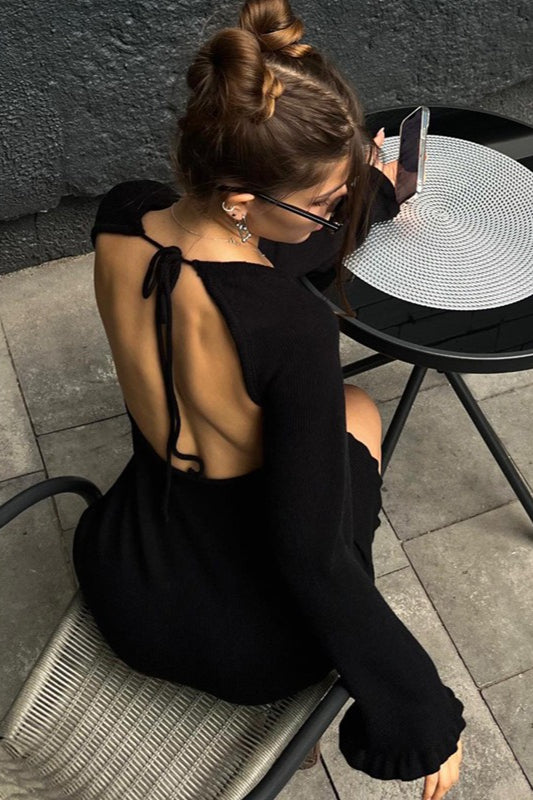 Woolen Backless Tie Detail Flared Sleeve Solid Sweater Dress