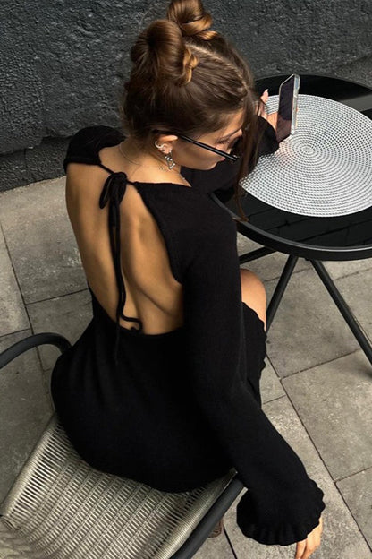 One Shoulder Long Sleeve Ruffle Cuff Lettuce Hem Mini Sweater Dress