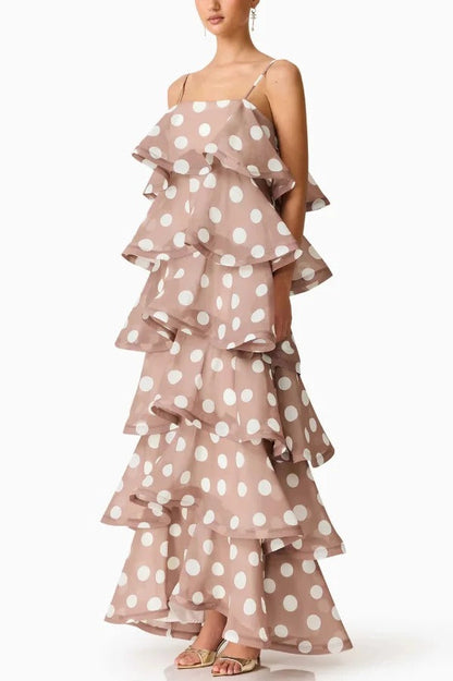 Polka Dot Print Layered Square Neck Suspender Casual A-line Maxi Dress