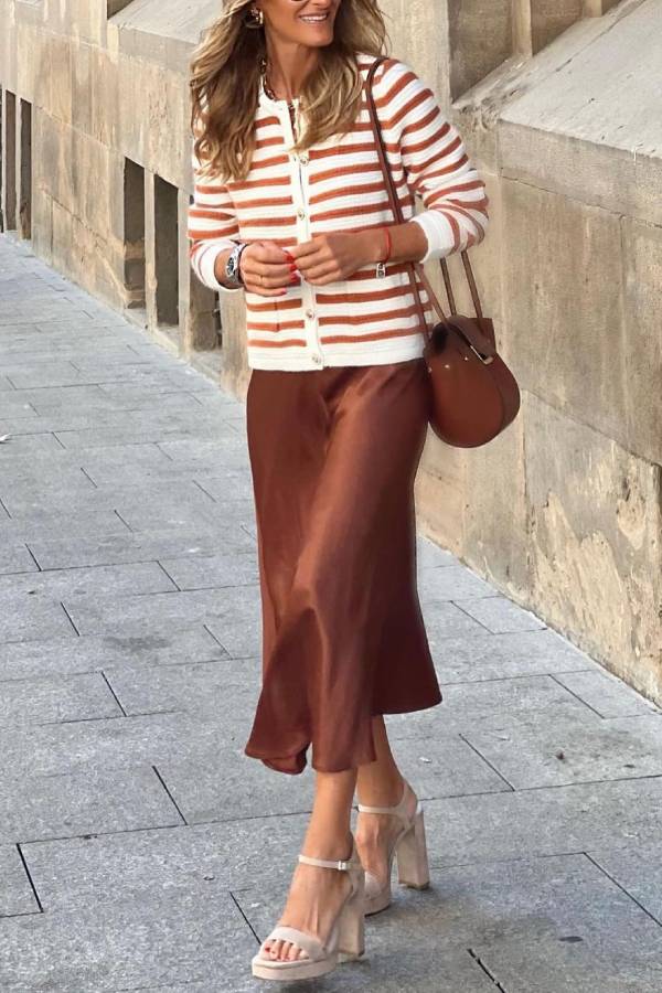 Caramel brown and white striped Chanel style knitted cardigan