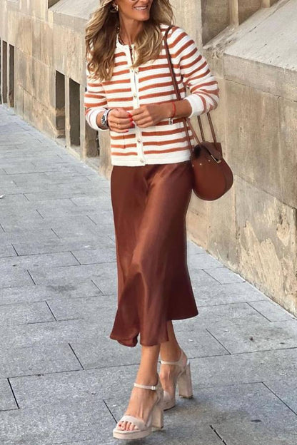 Caramel brown and white striped Chanel style knitted cardigan