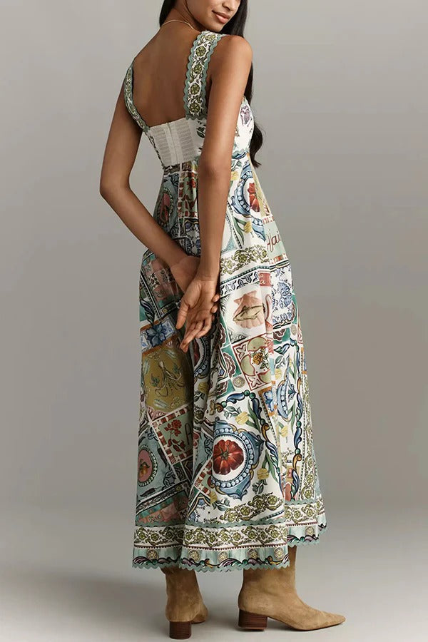 Sea Calling Linen Blend Unique Print Scalloped Detail Back Smocked Pocket Maxi Dress