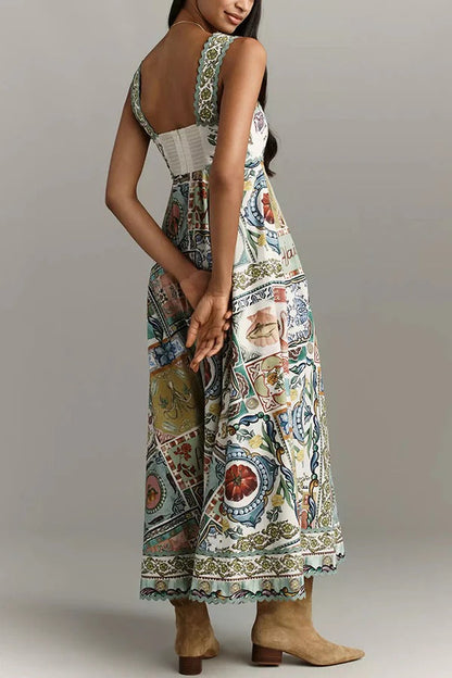 Sea Calling Linen Blend Unique Print Scalloped Detail Back Smocked Pocket Maxi Dress