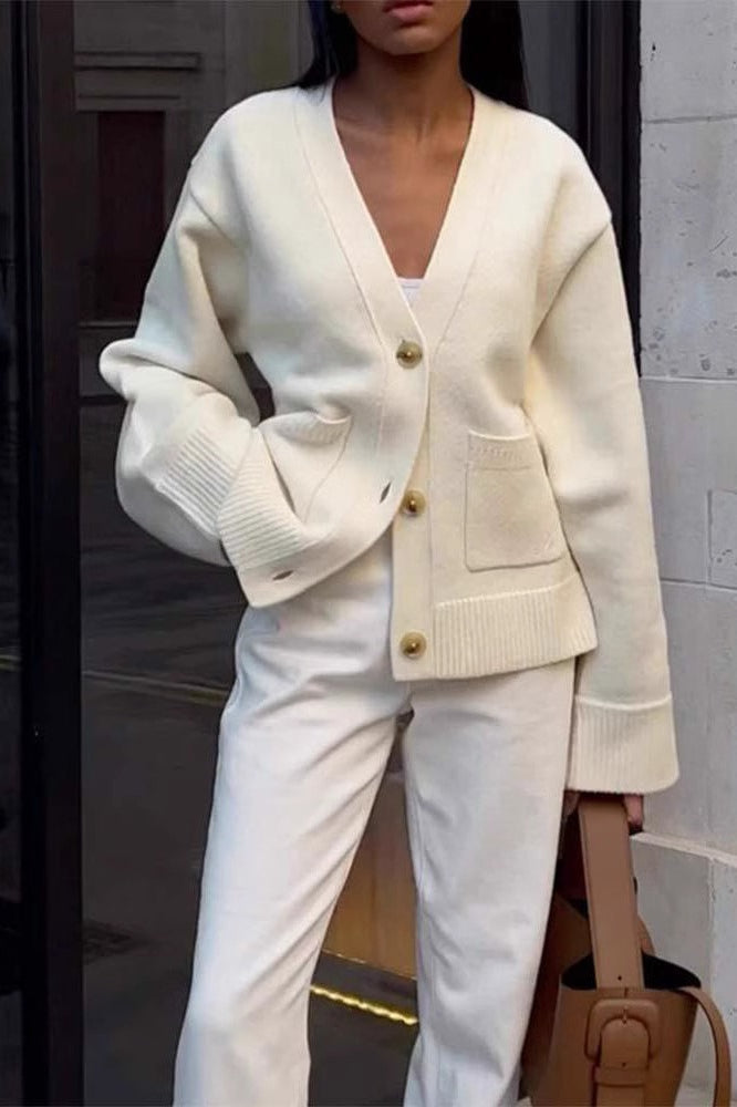 Solid Color Knit V-Neck Coat