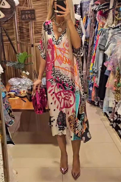 Graffiti Print Leopard Trim V-Neck Loose Dress