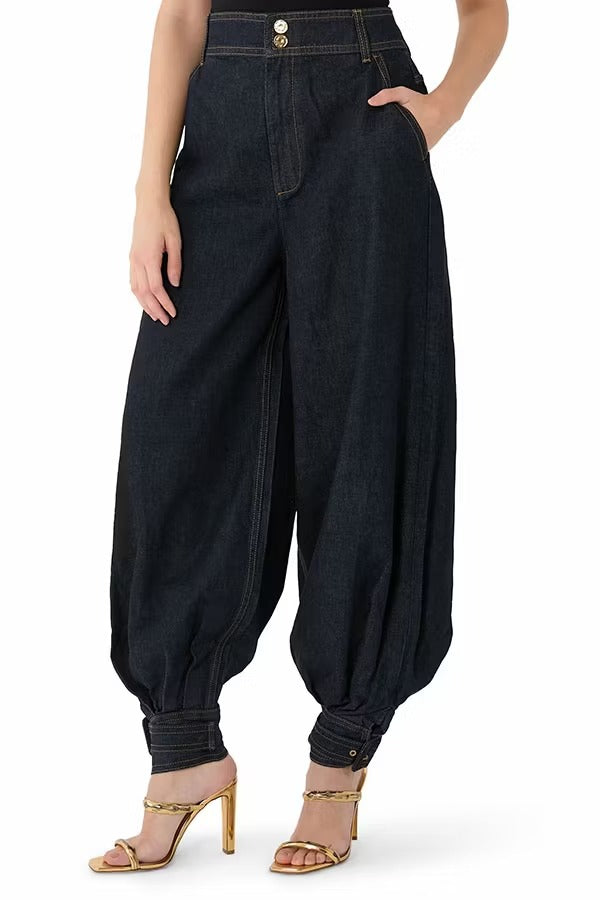 Luna Denim High Rise Pocket Adjustable Buckle Ankle Strap Harem Pants