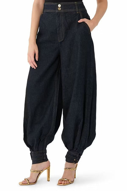 Luna Denim High Rise Pocket Adjustable Buckle Ankle Strap Harem Pants