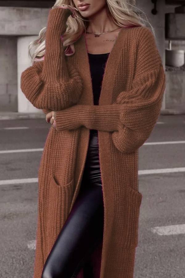 Lantern sleeve loose long knit cardigan