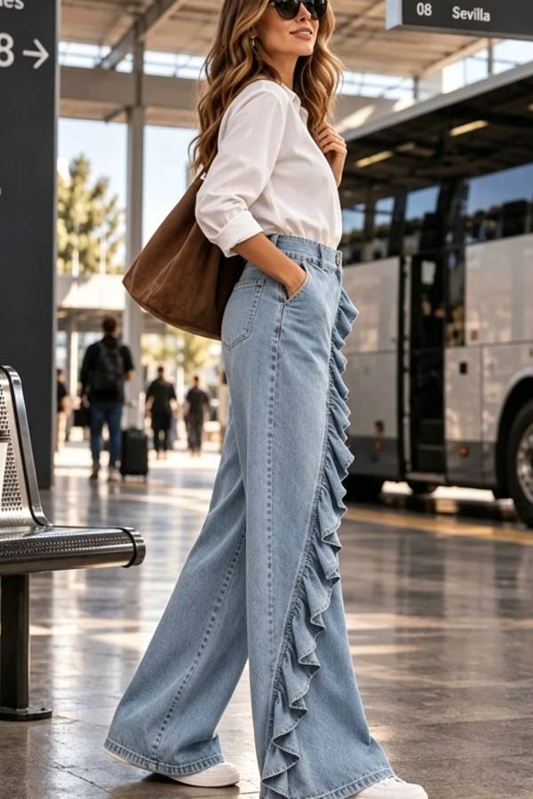 Uniquely Designed Denim Mid Rise Irregular Ruffles Pocket Wide Leg Jeans
