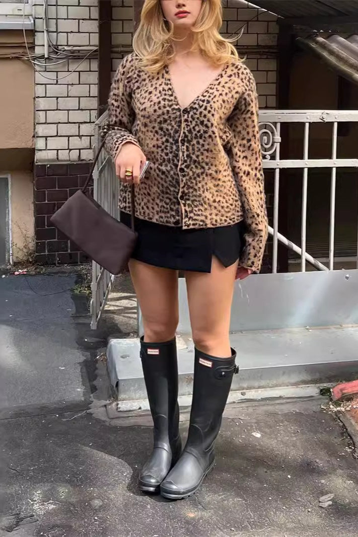 Leopard Mohair V-Neck Knit Top