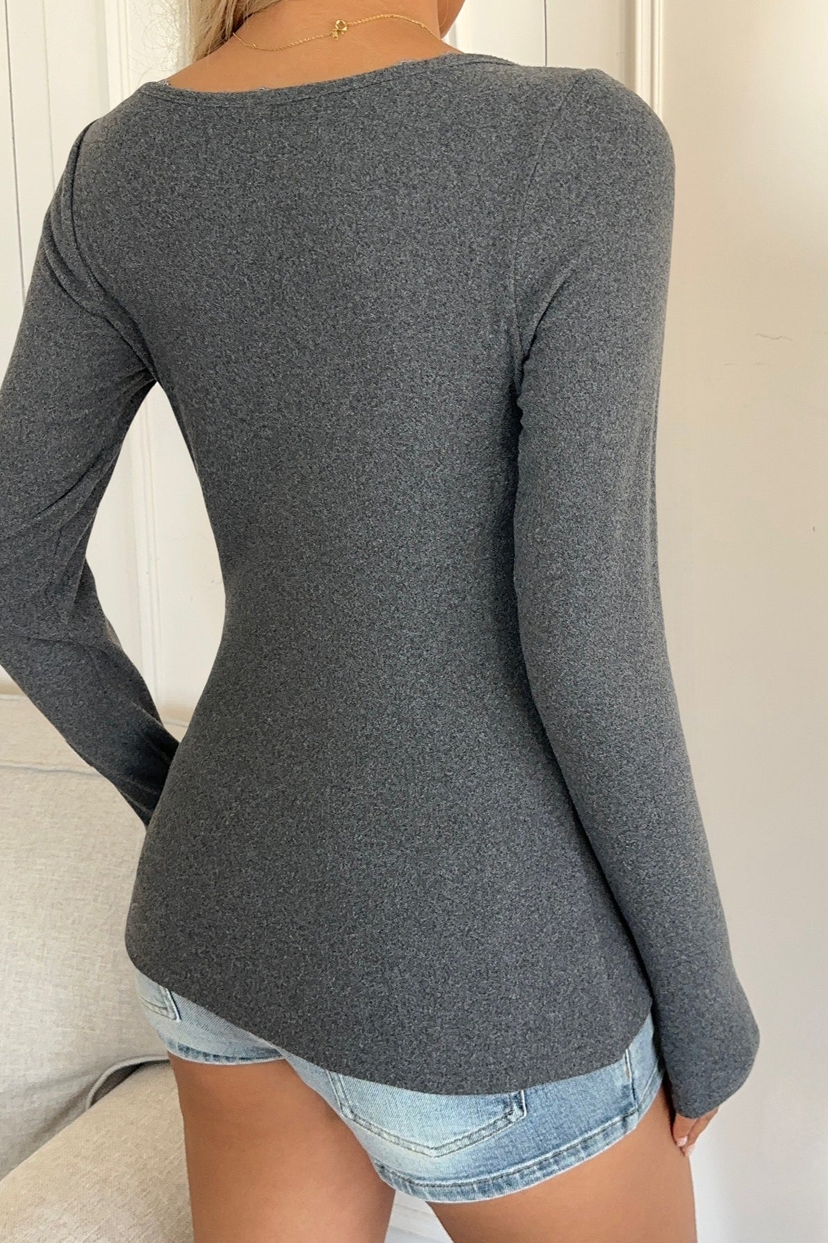 Grey Lace Trim Long Sleeve Tee
