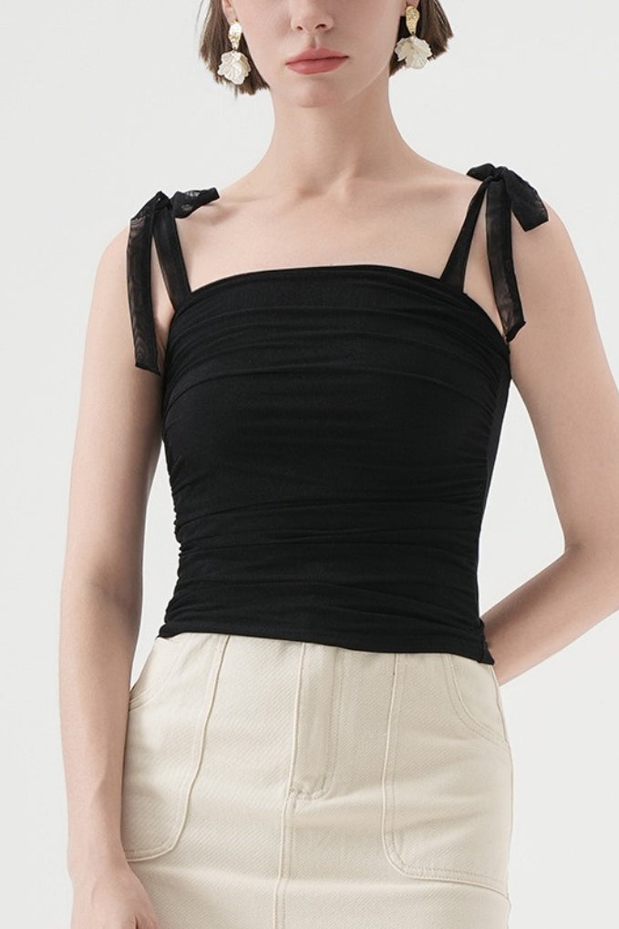 Polka Dot Halter Cropped Ruched Tie Front Tank Top
