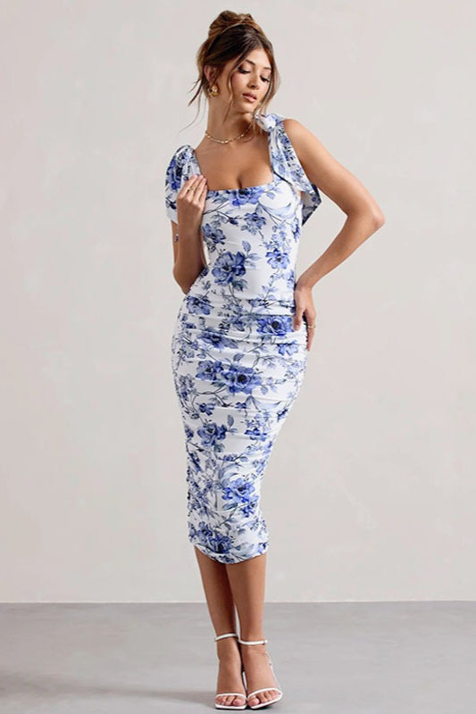 Sweet Floral Tie-Waist Bodycon Floral Dress